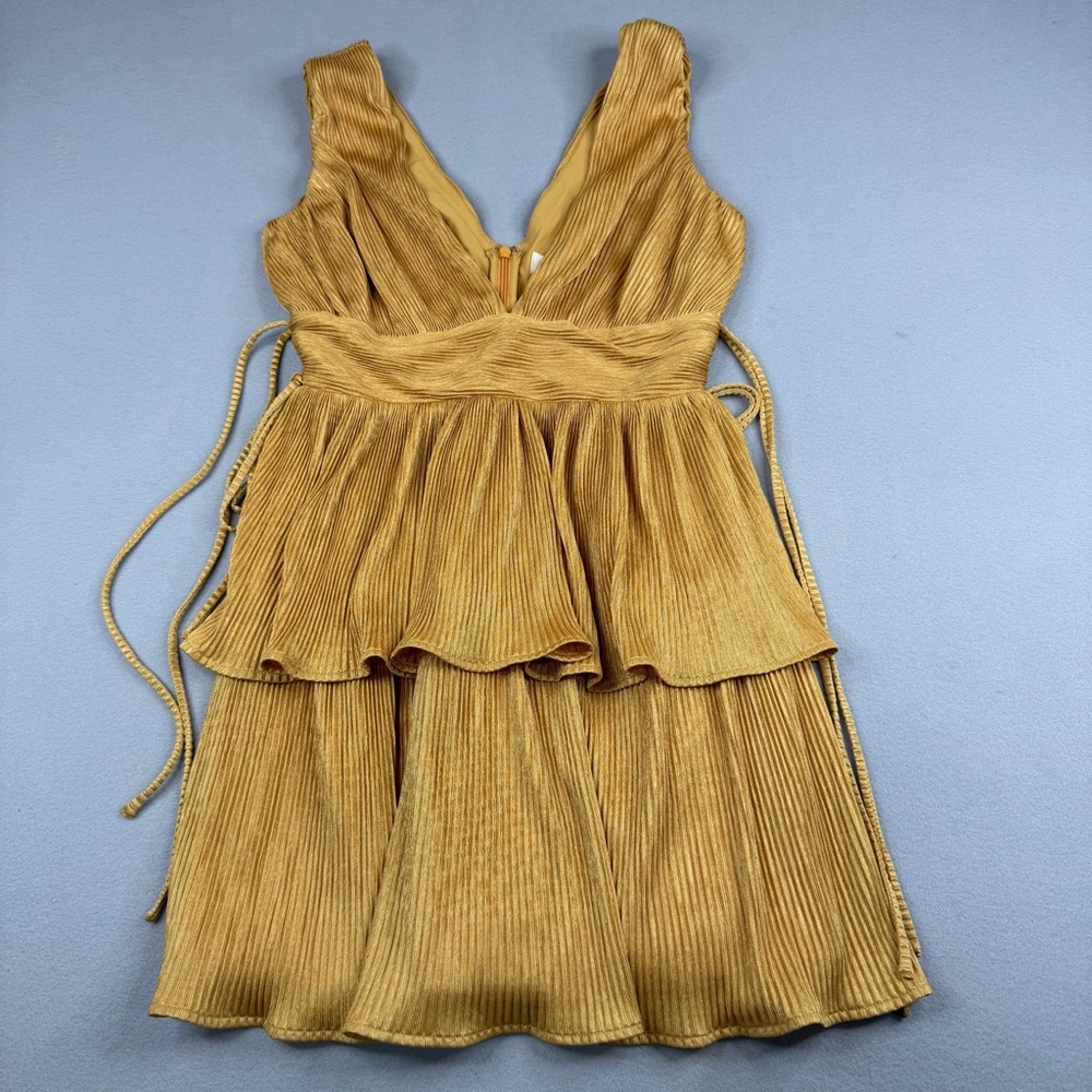 Lena Gold Pleated Tiered Mini Dress Deep V Neck Side Tie Party Dress Small